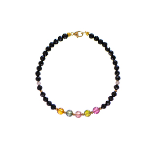 五彩碧玺黑锆石手链女招财纳福原创设计彩色宝石珍珠手串