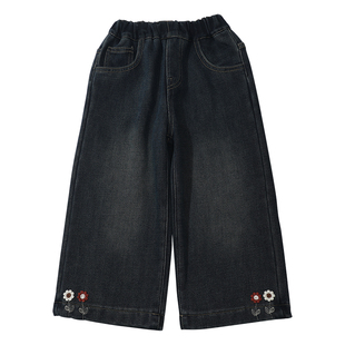 女童牛仔裤2025秋冬新款加绒韩版中小童超软宝宝百搭绣花阔腿长裤