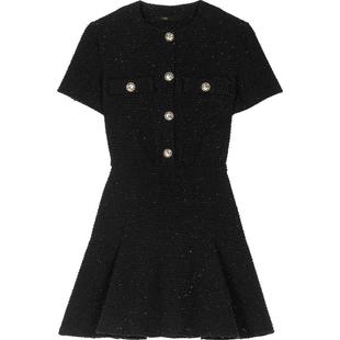 Maje春夏女装法式简约时尚气质黑色短款收腰修身显瘦花呢连衣裙