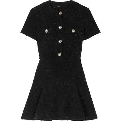 Maje春夏女装法式简约时尚气质黑色短款收腰修身显瘦花呢连衣裙