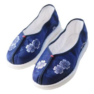 原创手纳千层底布鞋女 汉服搭配鞋 深蓝花朵浅口透气平底女布鞋子
