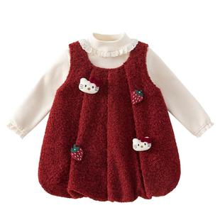 班喜迪女童连衣裙冬装宝宝周岁礼服加绒夹棉公主裙套装冬季拜年服