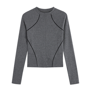 NEVA HU 撞色明线 弹力修身针织打底衫女短款气质内搭长袖t恤上衣