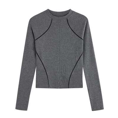 NEVA HU 撞色明线 弹力修身针织打底衫女短款气质内搭长袖t恤上衣