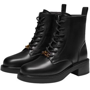 接吻猫秋季新款时尚精致饰扣系带短靴户外真皮加绒经典马丁靴女