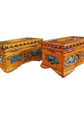 藏式新款天珠实木雕花八吉祥纸巾盒抽纸盒客厅桌面餐巾纸收纳盒