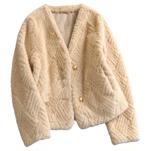 柔软亲肤纯色仿水貂毛环保皮草加厚保暖V领长袖毛绒绒女外套Q776