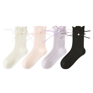 女童袜子夏季薄款蝴蝶结公主袜儿童夏天纯棉网眼袜宝宝中筒花边袜