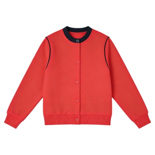 Basic House/百家好红色撞色圆领卫衣外套女2026春季新款短款上衣