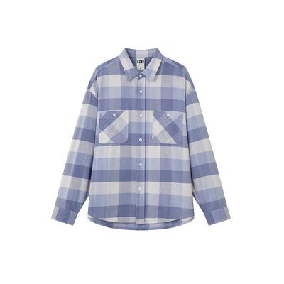 USHI悠时 男士撞色格纹衬衫美式翻领宽松版型复古慵懒长袖上衣