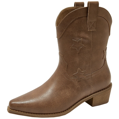 康莉V口中筒西部牛仔靴复古短靴