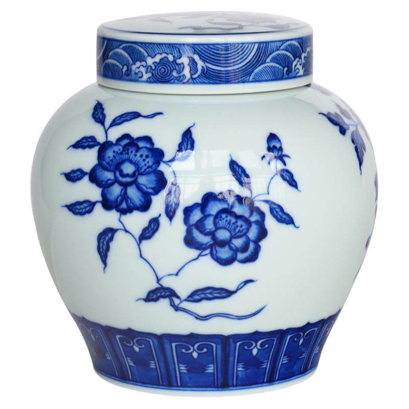 手绘青花海水纹四季花卉手工仿古天字茶叶罐密封罐景德镇陶瓷储物