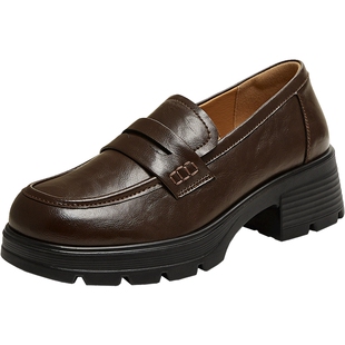 天美意秋新款粗跟百搭时尚通勤复古皮鞋女乐福鞋KE069CM5