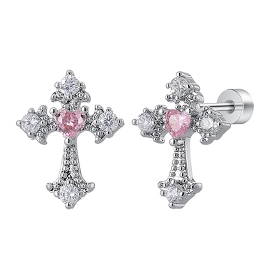 甜酷粉色爱心锆石十字架耳钉耳饰