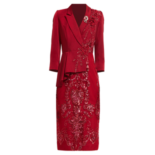 创意狐主持人礼服裙女晚宴会气质红色小礼裙婚礼演出表演服连衣裙