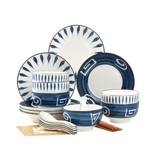 日式创意2-6人混色碗碟餐具套装 家用饭碗学生宿舍用陶瓷面碗组合