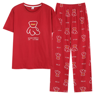 100%纯棉睡衣女夏季款短袖长裤可外穿休闲韩版圆领全棉红色家居服