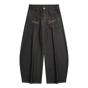 BOYUE帛跃美式复古弯刀牛仔裤男女宽松高街风刺绣高级感阔腿长裤