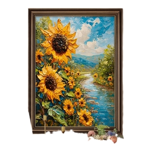 纯手绘油画肌理立体向日葵美式客厅玄关装饰画梵高花卉太阳花挂画