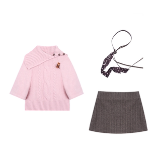 甜梨呆呆 秋日桃桃 一衣多穿斗篷式高领绞花毛衫上衣+A字半身裙女