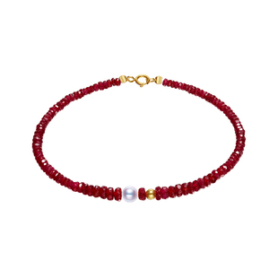 海蒂珠宝 红宝石4.5-5mm正圆浅金色Akoya海水珍珠红宝石手链18k金