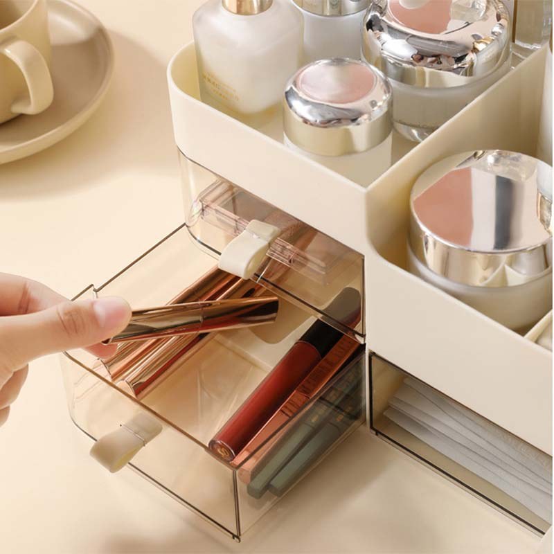 化妆品收纳盒桌面带灯带镜子一体抽屉式透明分格整理盒口红置物架