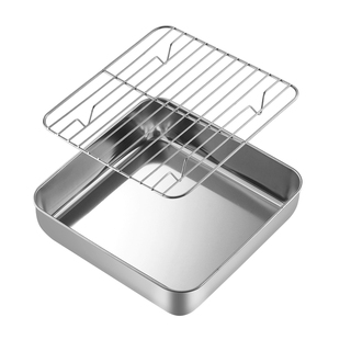 正方形盘带网沥油盘多功能不锈钢蒸烤箱盘备菜盘餐盘空气炸锅盘子
