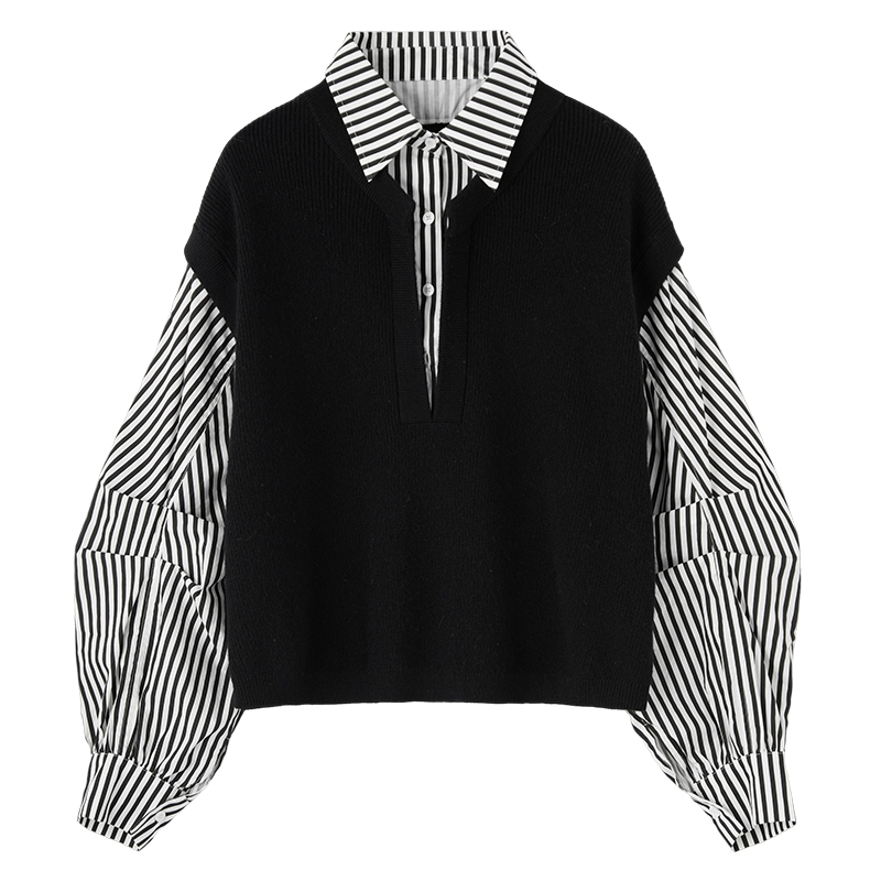 Basic House/百家好假两件条纹衬衫女秋冬设计感针织马甲拼接衬衣