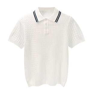 复古老钱风麻花针织短袖男翻领t恤 夏季新款高级拼色修身polo衫男