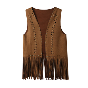 复古重工柳钉麂皮绒流苏马甲女秋季云南新疆旅游风叠穿无扣马夹潮