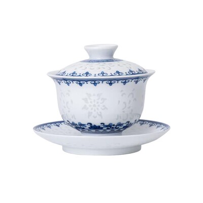 景德镇青花玲珑瓷白瓷盖碗三件套