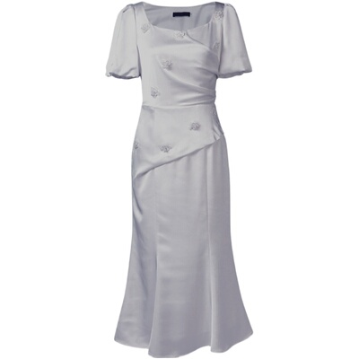 2025夏季新款气质优雅名媛范方领修身立体花装饰灰色鱼尾连衣裙