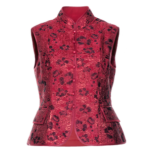 花木深新中式立领马甲女新款收腰无袖背心坎肩中国风提花对襟马夹