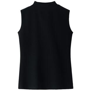 春秋小中立半高领精梳棉加厚内搭可外穿黑色无袖背心t恤打底衫女