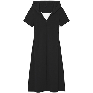 热风女士黑色连衣裙2025年秋季新款连帽针织裙修身显瘦a字伞裙