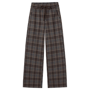 热风女士加绒长裤2025年冬季新款复古格纹直筒裤宽松松弛感长裤