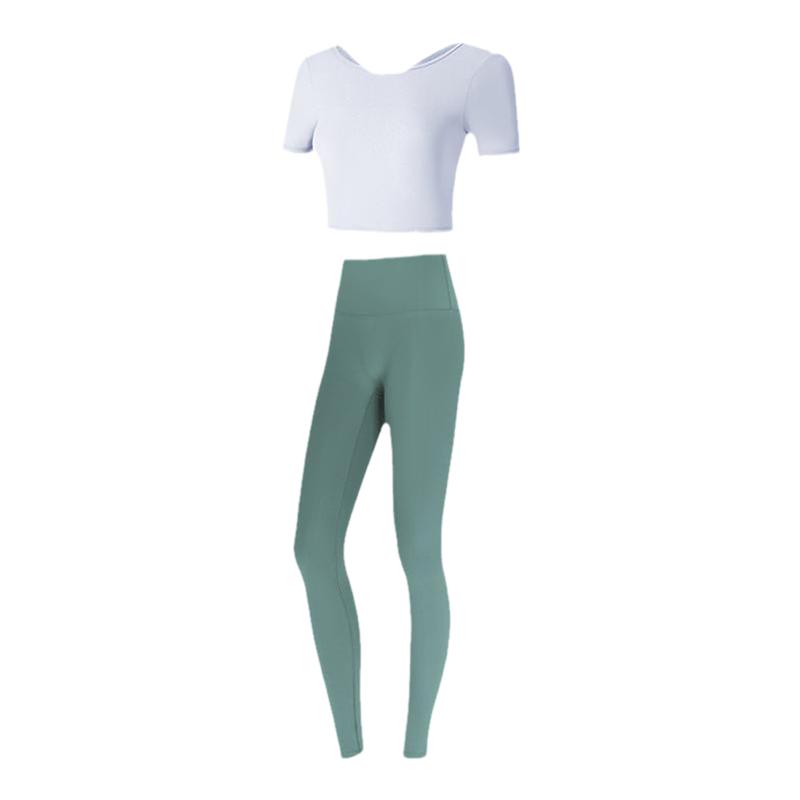 OOK夏季带胸垫瑜伽服女套装运动服短袖防震短款跑步健身瑜伽上衣