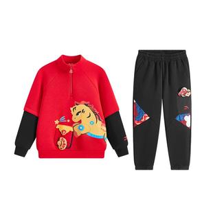 【马年红色新年】安踏男童宝宝套装2026款加绒卫衣卫裤时尚拜年服