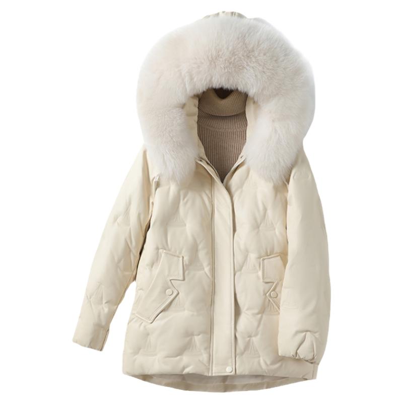 海宁皮衣女外套常规连帽狐狸毛领韩版米白新款白鸭绒绵羊皮女真皮