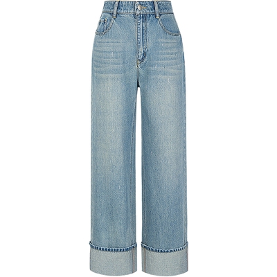 KBNE浅蓝色烫钻水洗牛仔裤复古九分直筒裤夏季新款气质棉质长裤女