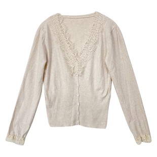 【Dear YN】温柔风V领蕾丝针织打底衫外穿修身显瘦薄款针织开衫女