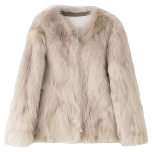 FANLE STUDIOS进口蓝狐坎毛丰盈柔顺晕染霜色V领狐狸毛皮草外套
