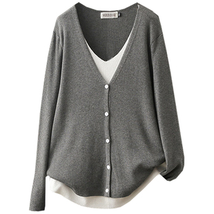 秋季大码200斤显瘦时尚假两件上衣胖妹妹遮肚子减龄内搭针织衫潮