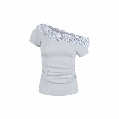 小众设计重工花边斜肩T恤