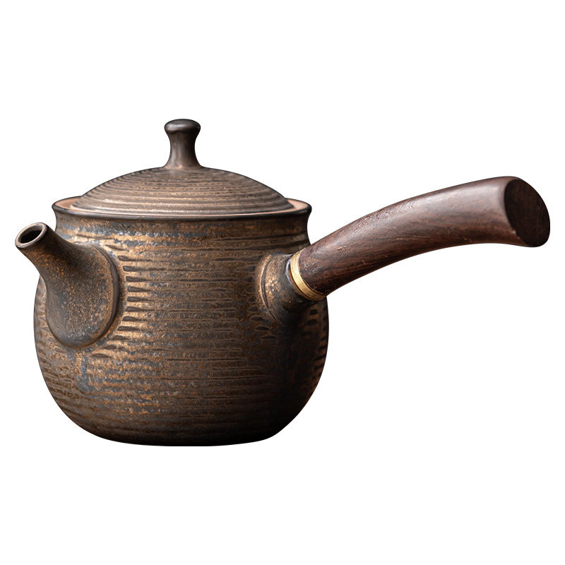 复古粗陶日式茶壶陶瓷木柄侧把壶