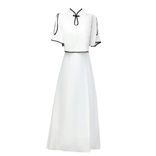 新中式国风连衣裙女高级感立领气质复古中国风白色长裙雪纺裙子夏