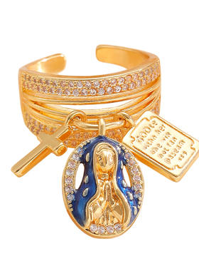 双手合十欧美人像十字架方牌戒指