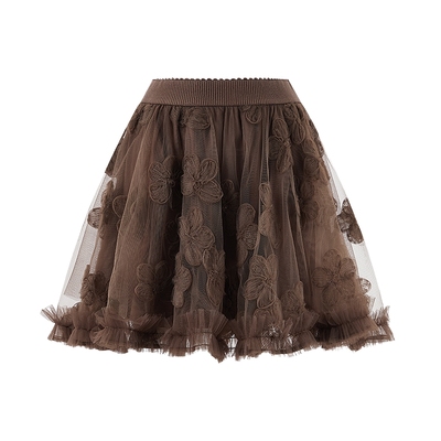 MISSCOCOON可可尼咖棕色蕾丝半身裙女2025秋冬新款网纱短款蓬蓬裙