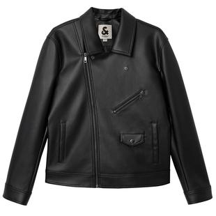 杰克琼斯男装秋季夹克时尚大翻领拉链口袋略宽松皮衣长袖外套上衣