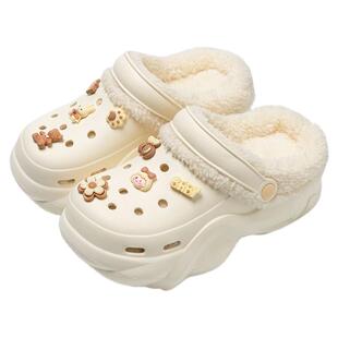 孕妇专用加绒洞洞鞋女款秋冬季2025新款厚底增高保暖防滑外穿棉拖